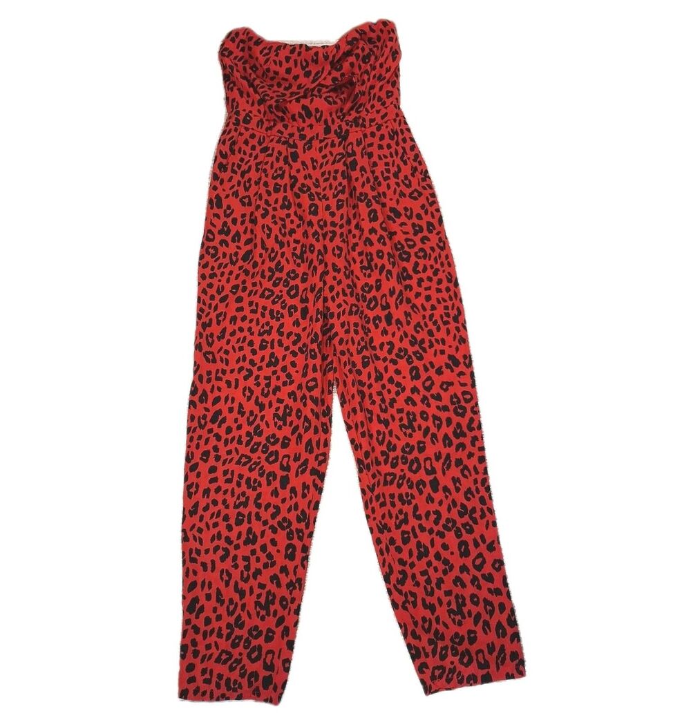 CHARLOTTE RUSSE WOMENS JUMPSUIT M RED LEOPARD ANIMAL PRINT STRAPLESS RECON NO...